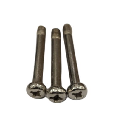 Three shiny metal Philips Cross Positive Screw Long Screw Tip screws arranged side by side on black background
