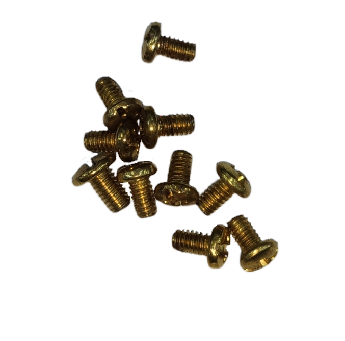 Set of small brass Screw Negative 10 x 8mm x 3mm screws on black background
