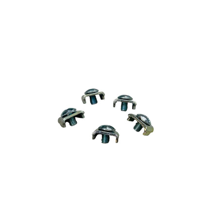Five metal clips on a white background