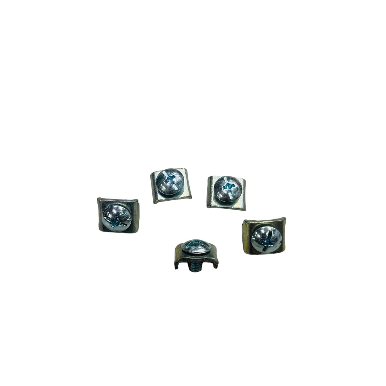 Five metallic objects with embedded crystals on a white background