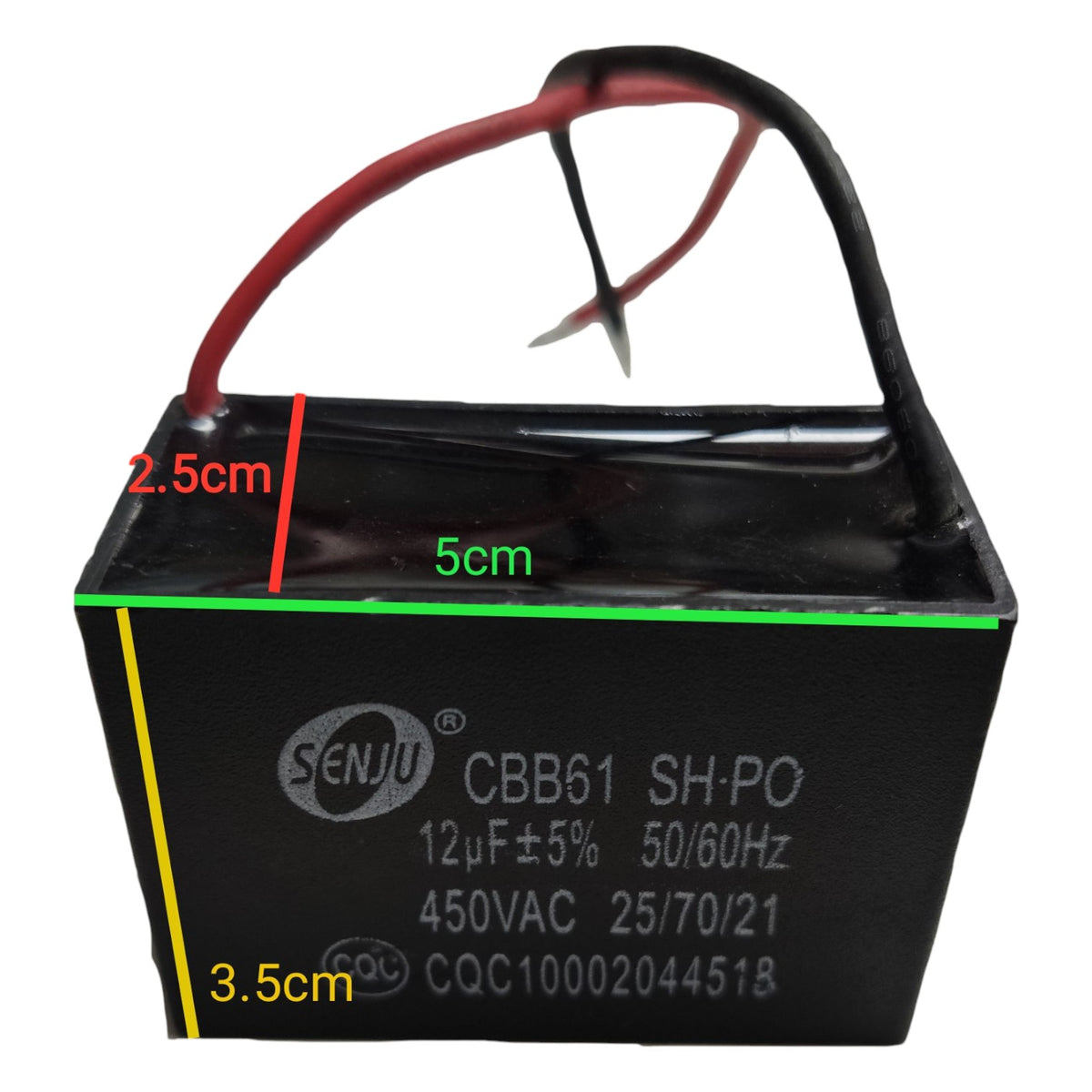 Capacitor with labeled dimensions and SENJU branding on a white background