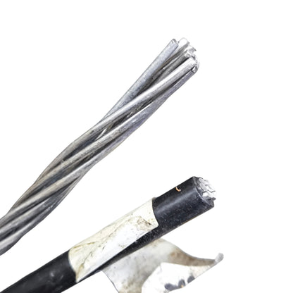 Two metal cables, one black and one silver, on a white background