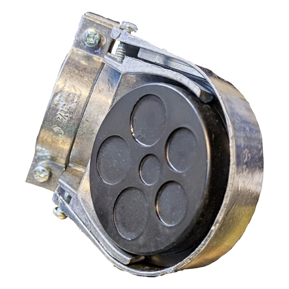 Metallic hose clamp with five circular slots on a white background