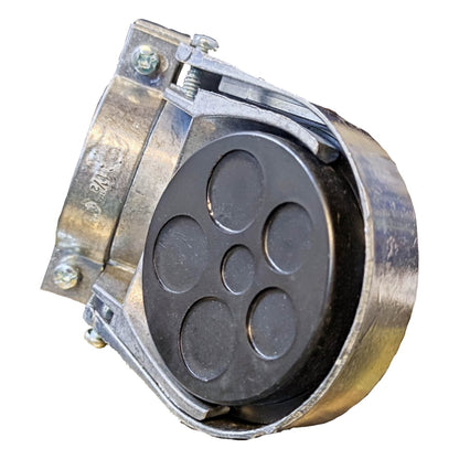 Metallic hose clamp with five circular slots on a white background