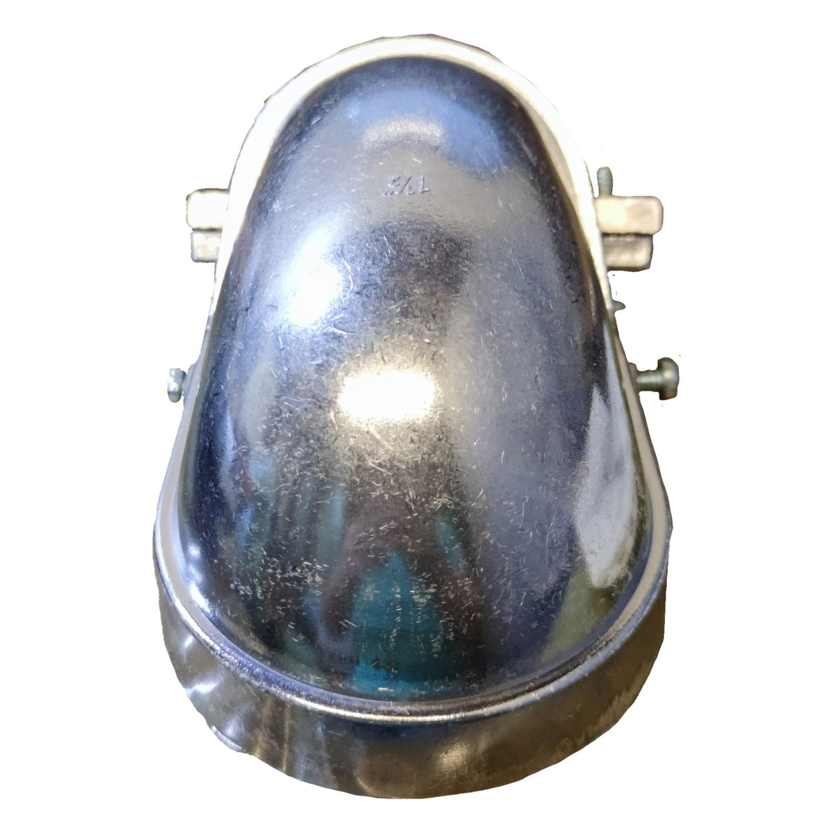 Metallic helmet with reflective surface on a white background