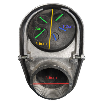 Metal pipe fitting with measurement markings on a white background
