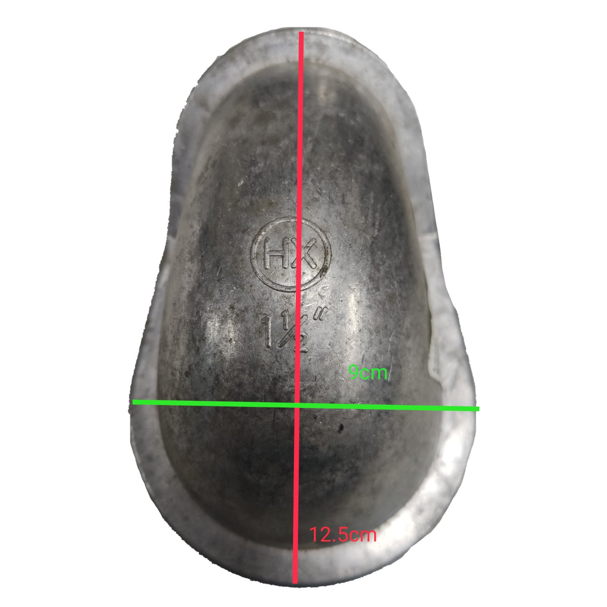 Metal casting with dimensions marked on a white background