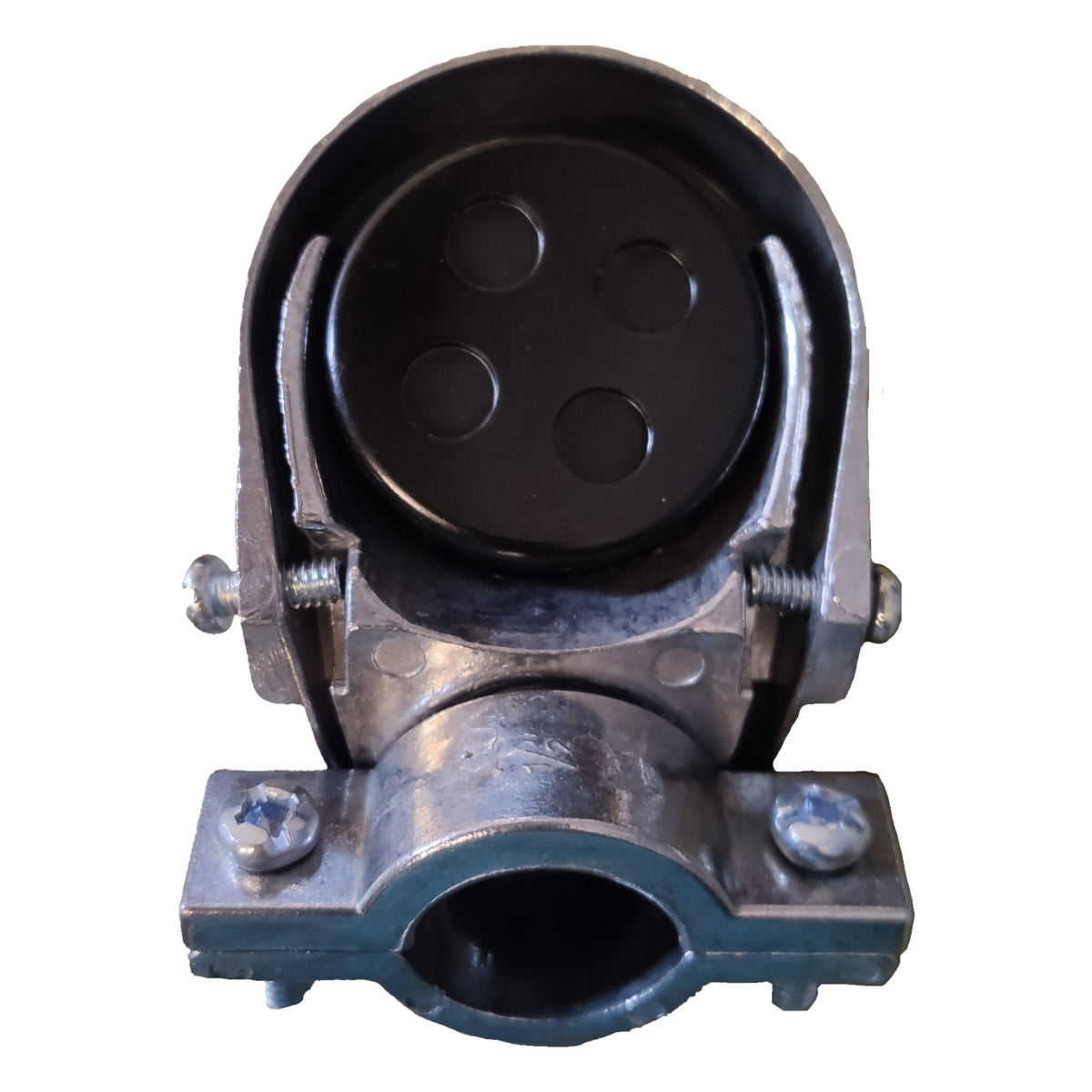 Metallic connector with black circular component on a white background