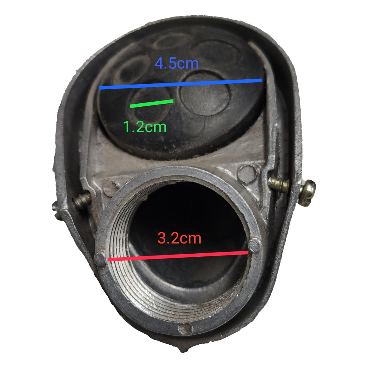 Mechanical component with measurements marked on a white background