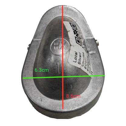 Metallic object with dimensions marked on a white background