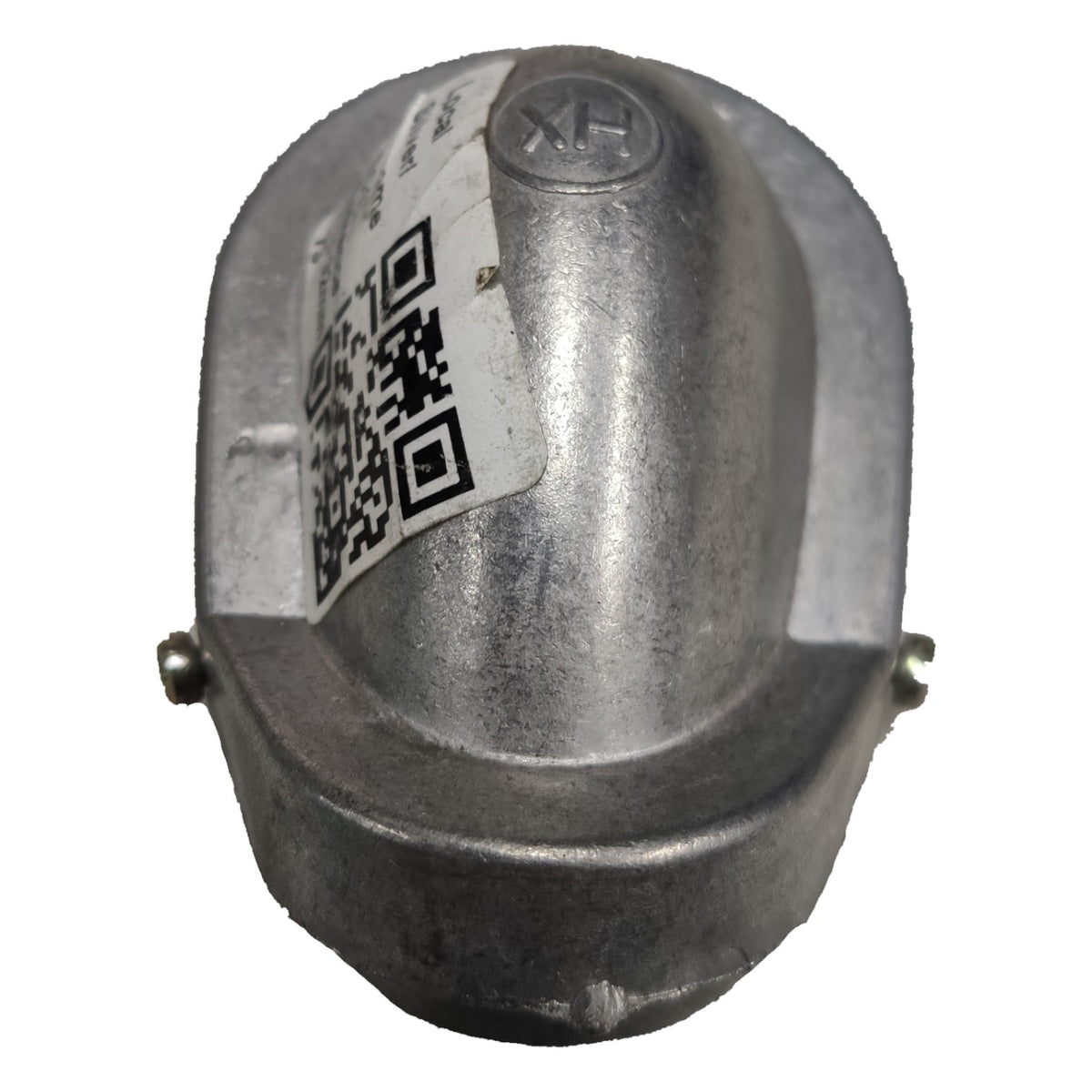 Metallic cylindrical device with a QR code label on a white background