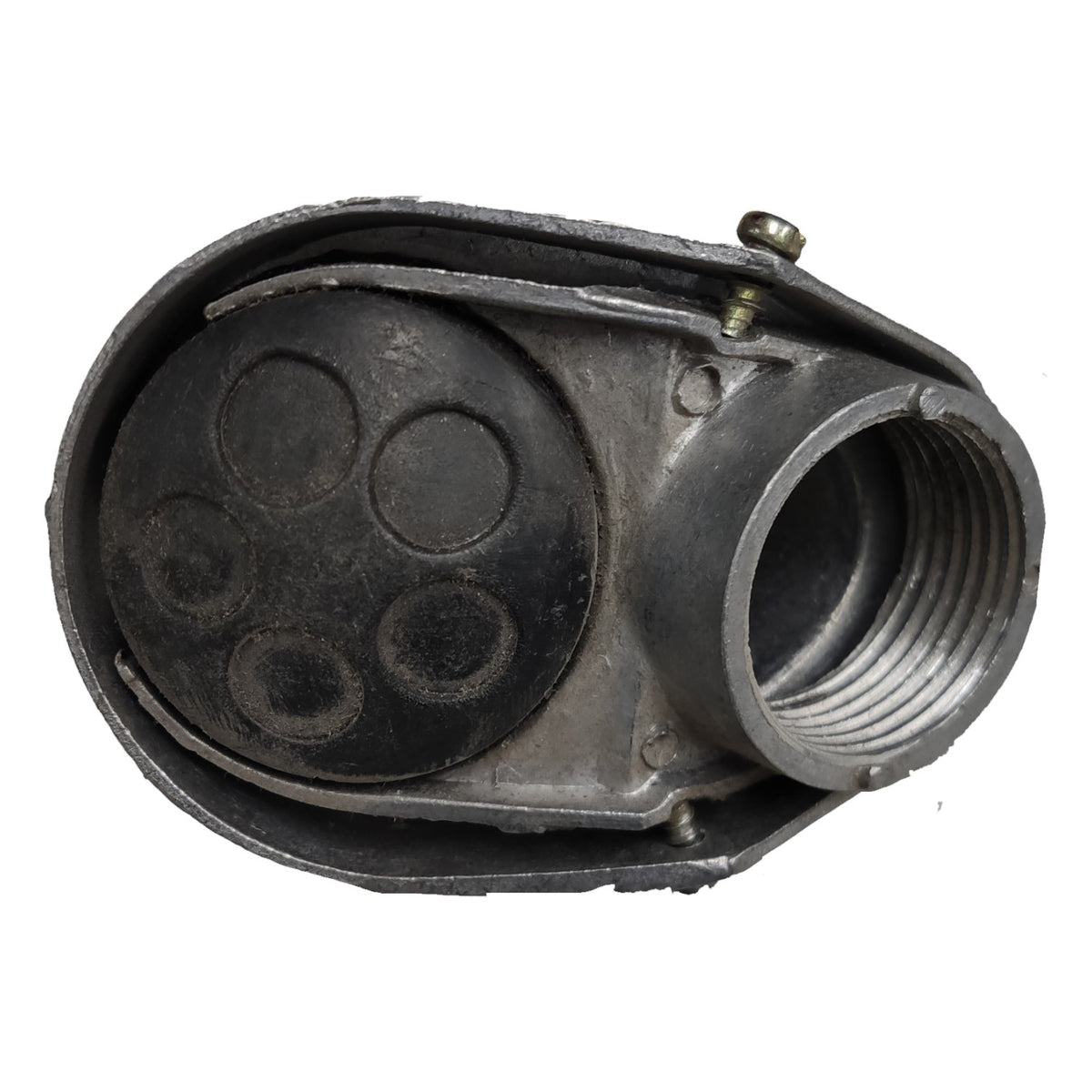 Black mechanical component on a white background