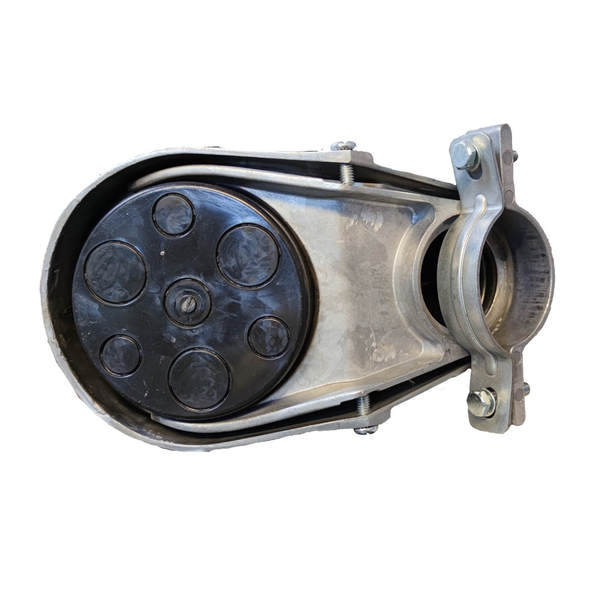 Metal pulley system on a white background