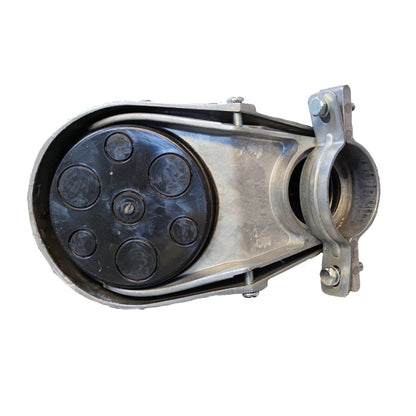 Metal pulley system on a white background