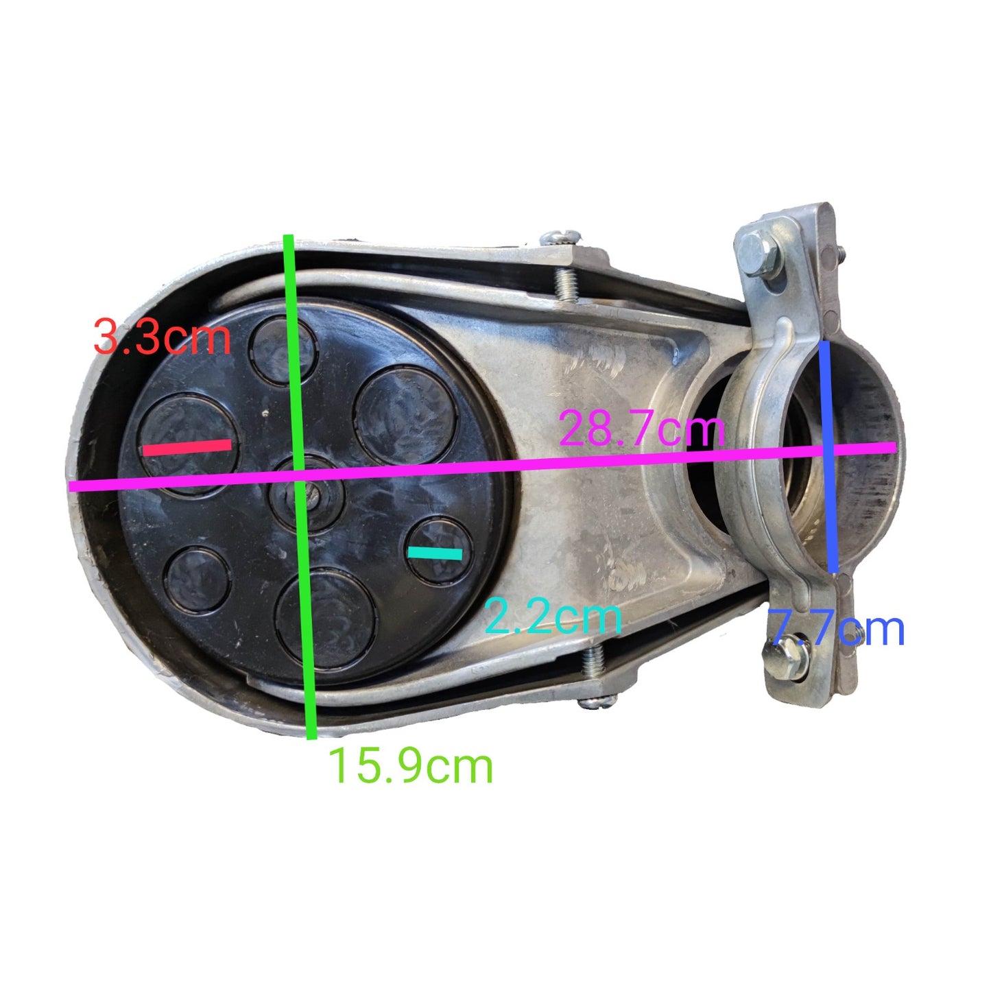 Measurement chart of a mechanical component with labeled dimensions on a white background