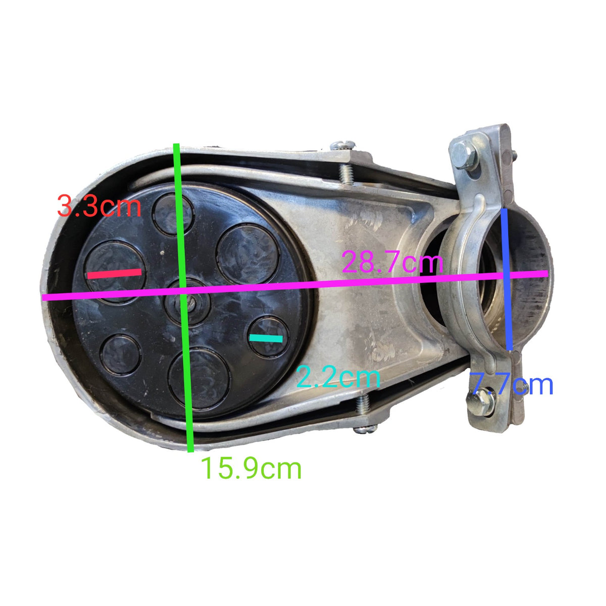 Measurement chart of a mechanical component with labeled dimensions on a white background