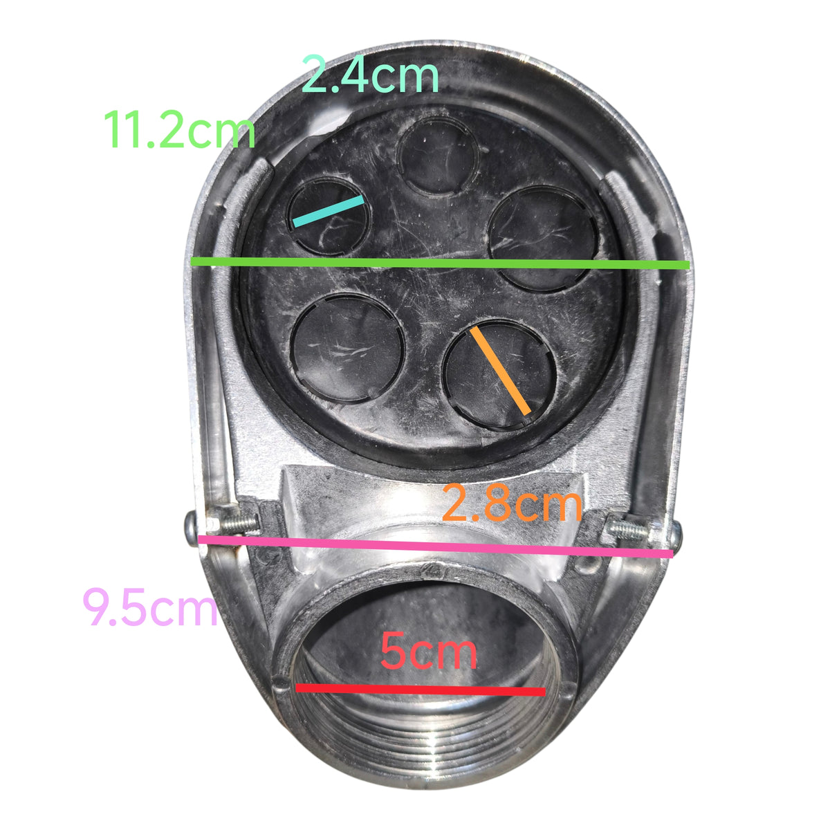 Measurement chart of a mechanical component with labeled dimensions on a white background