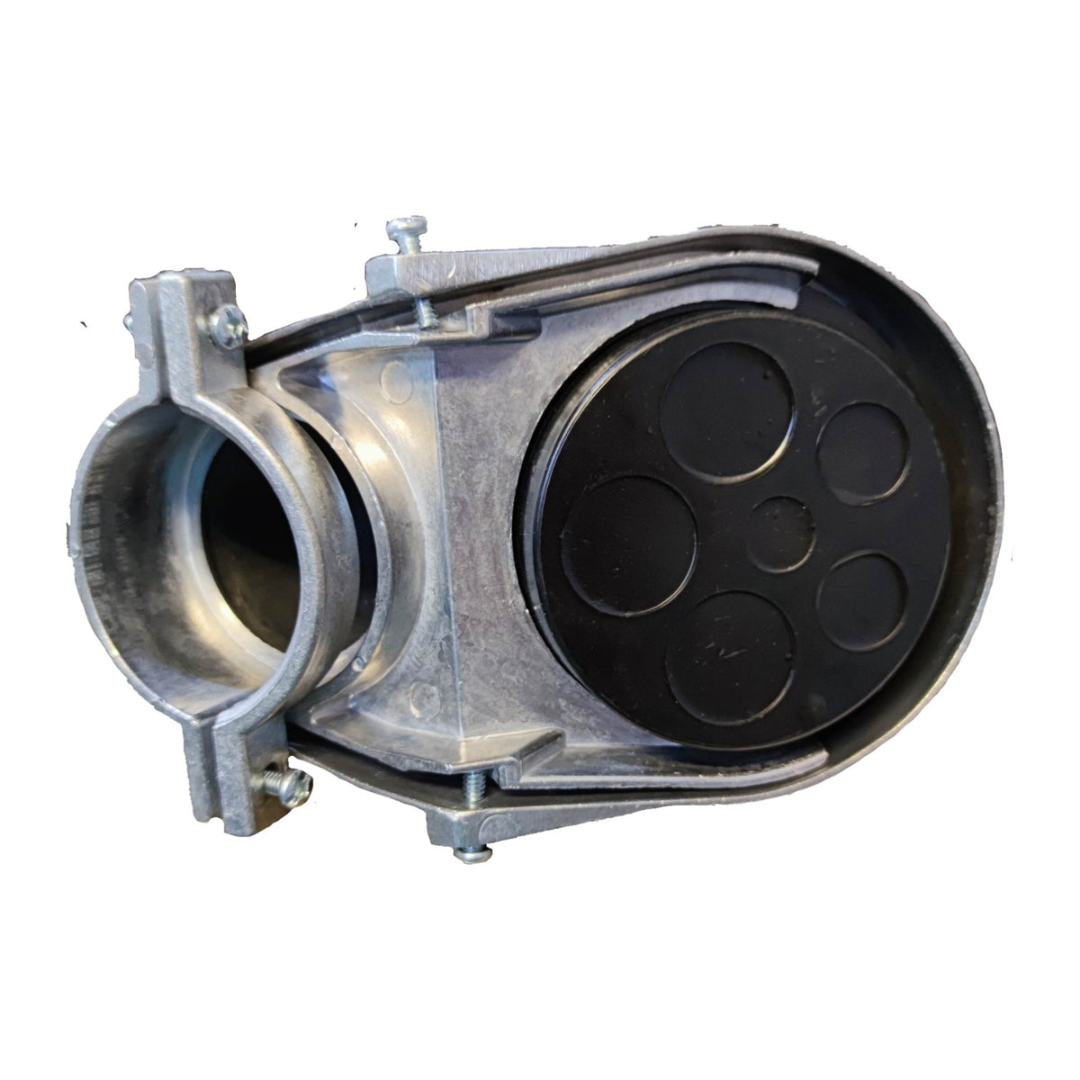 Metallic mechanical component with black interior on a white background