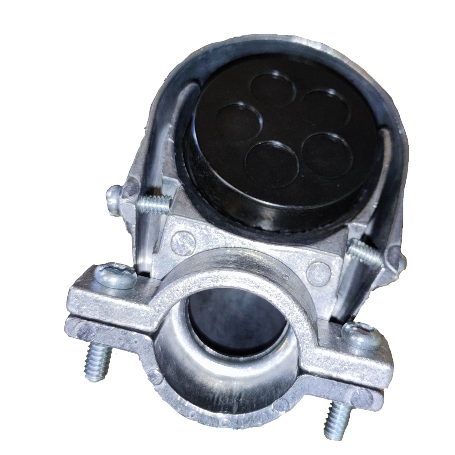 Metal mechanical component with black rubber parts on a white background