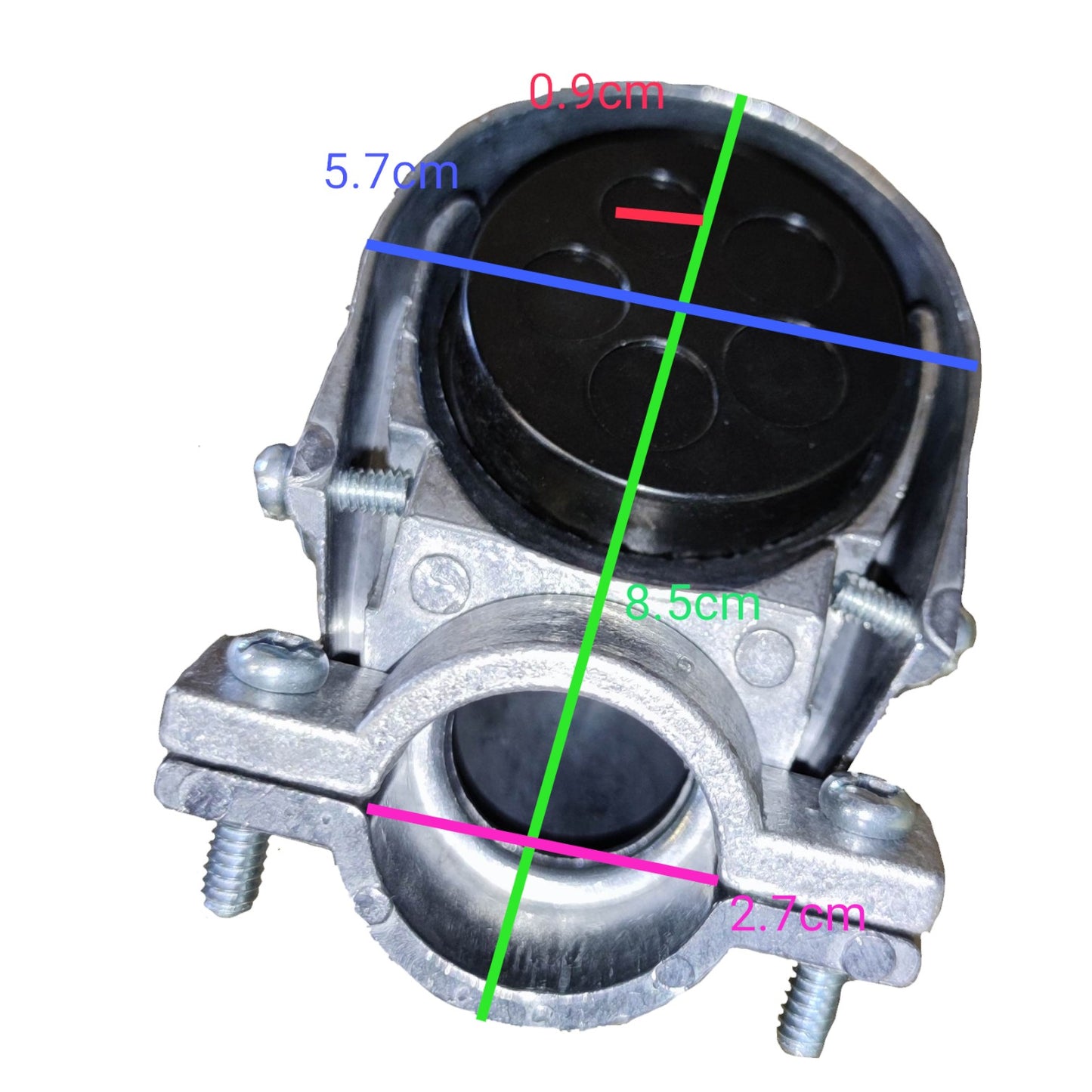 Metal mechanical component with dimensions marked on a white background