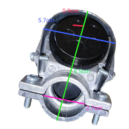 Metal mechanical component with dimensions marked on a white background
