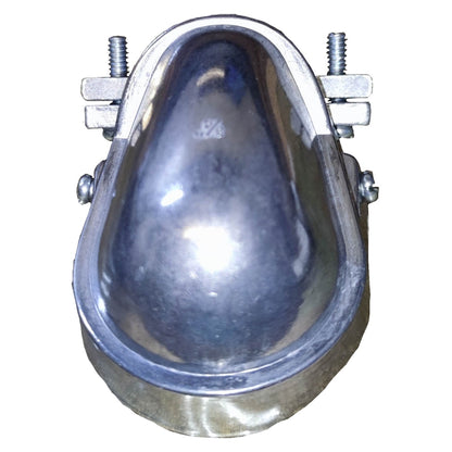 Metal fitting with a bowl-like shape and threaded bolts on a white background