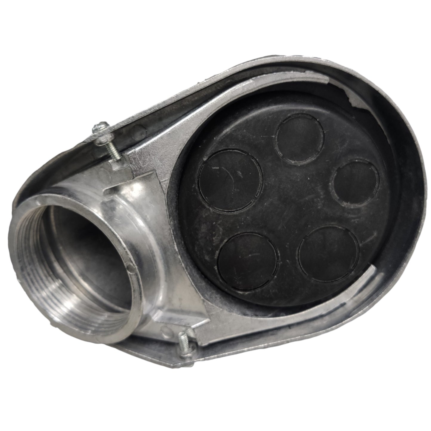 A metal plumbing fitting with a threaded male connection on one side and a black rubber gasket with four circular ports on the other, shown on a white background.