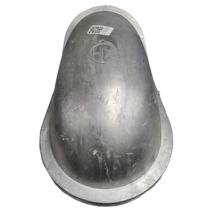 A used galvanized steel urine tray with a visible 'HX' brand stamp and a QR code sticker on the top, shown against a plain white background.