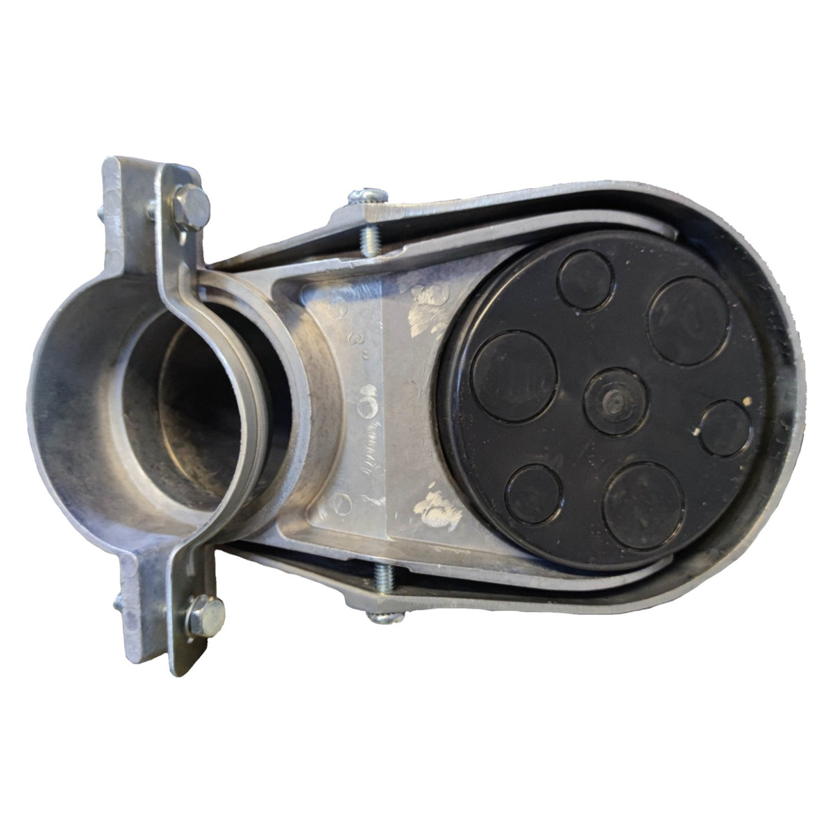 Mechanical component with black wheel and metal housing on a white background