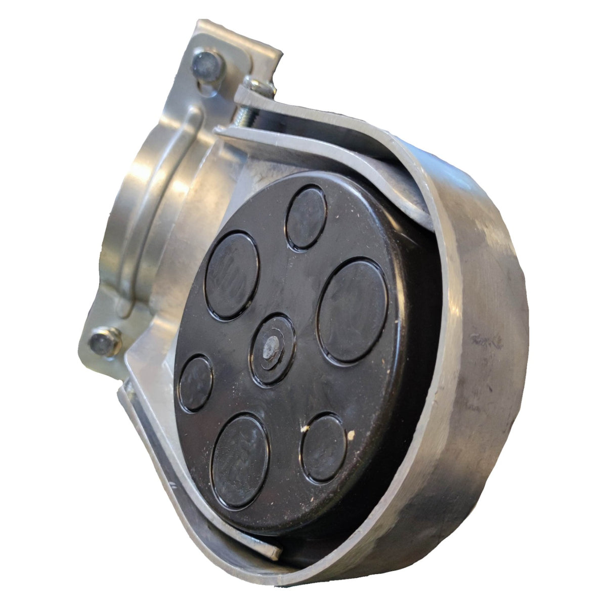 Metallic component with circular black sections on a white background