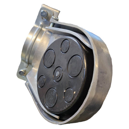Metallic component with circular black sections on a white background