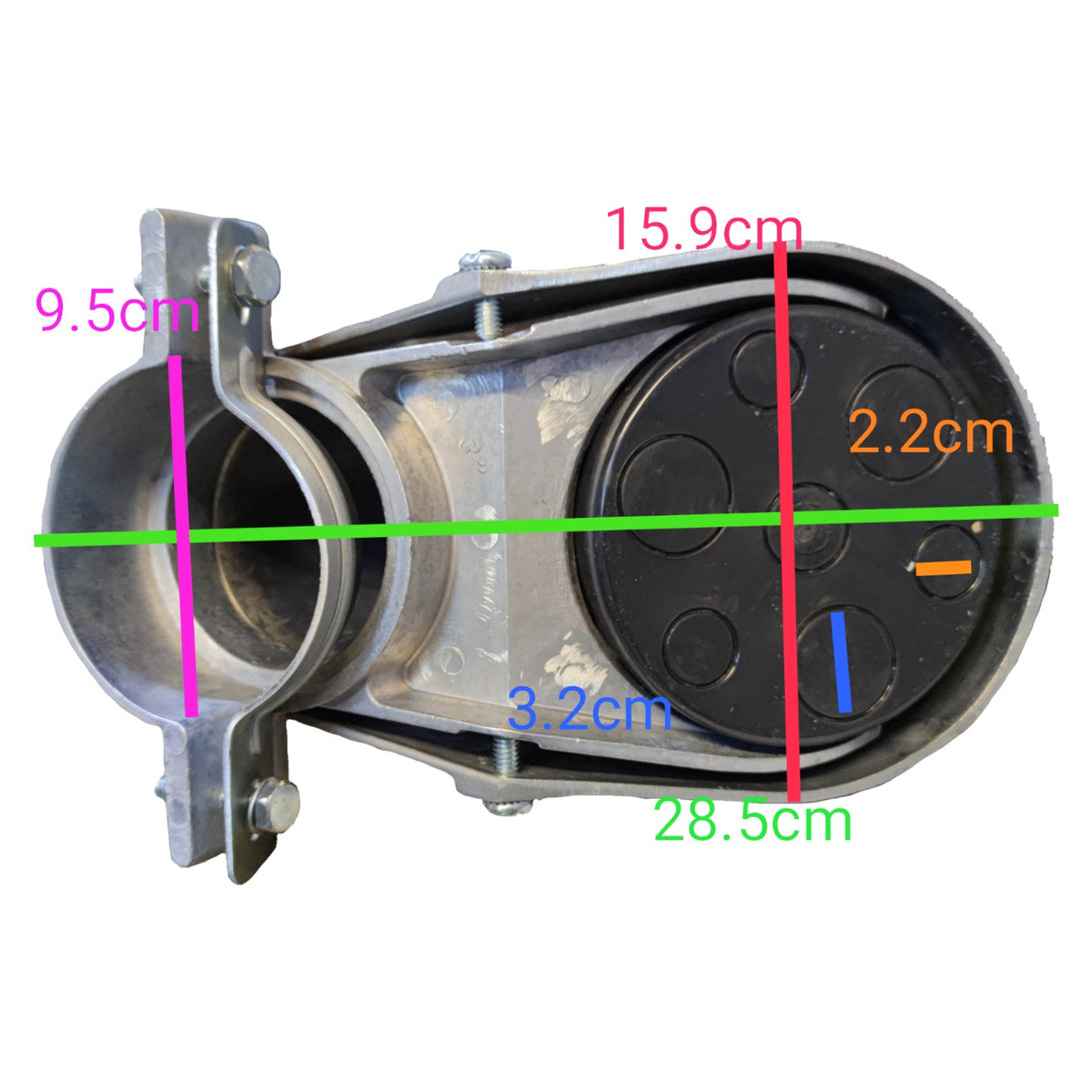 Measurement chart of a mechanical component with labeled dimensions on a white background