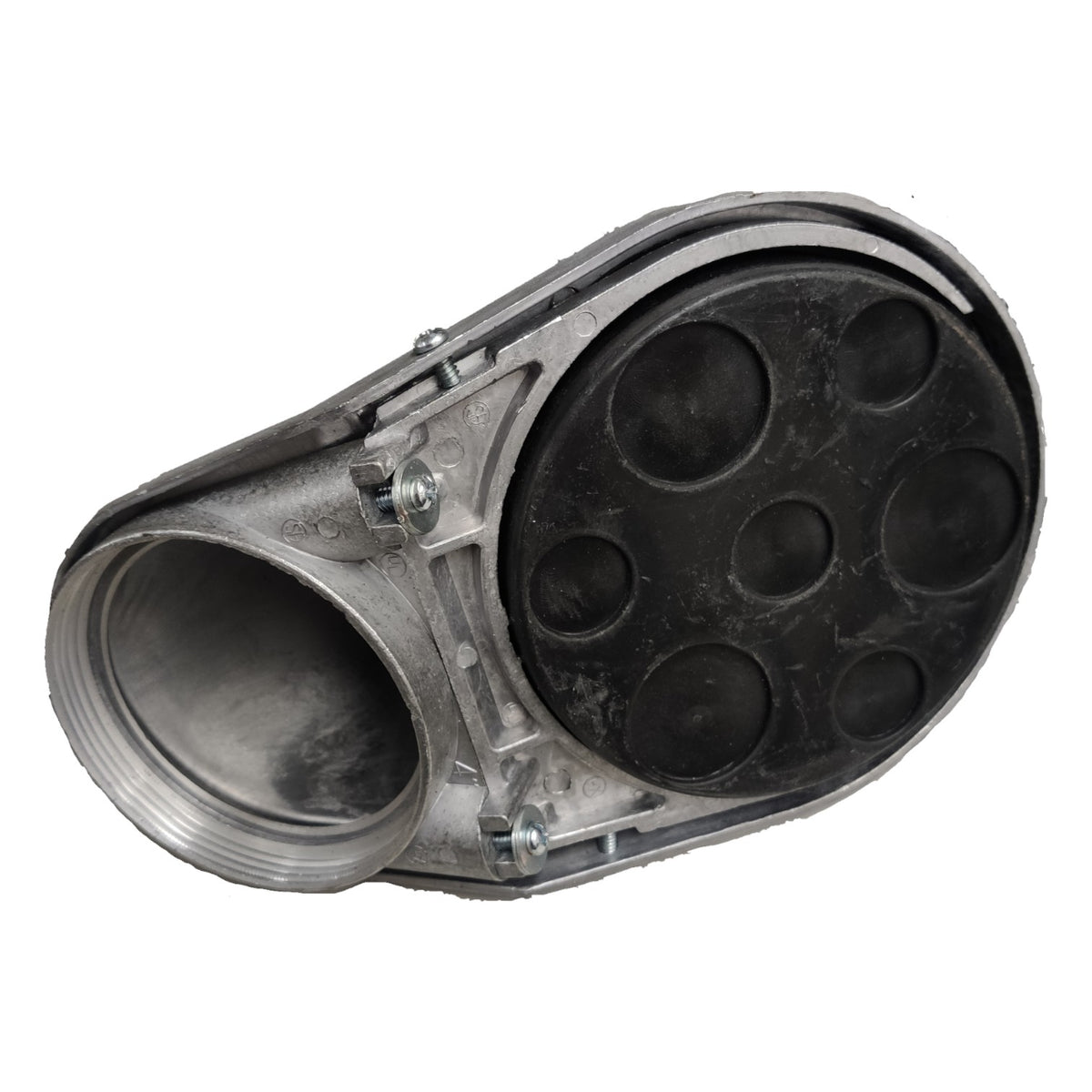 Metallic engine component with circular openings on a white background