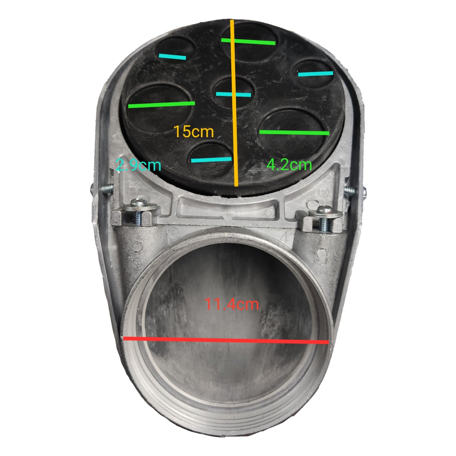 Measurement details of a mechanical component on a white background
