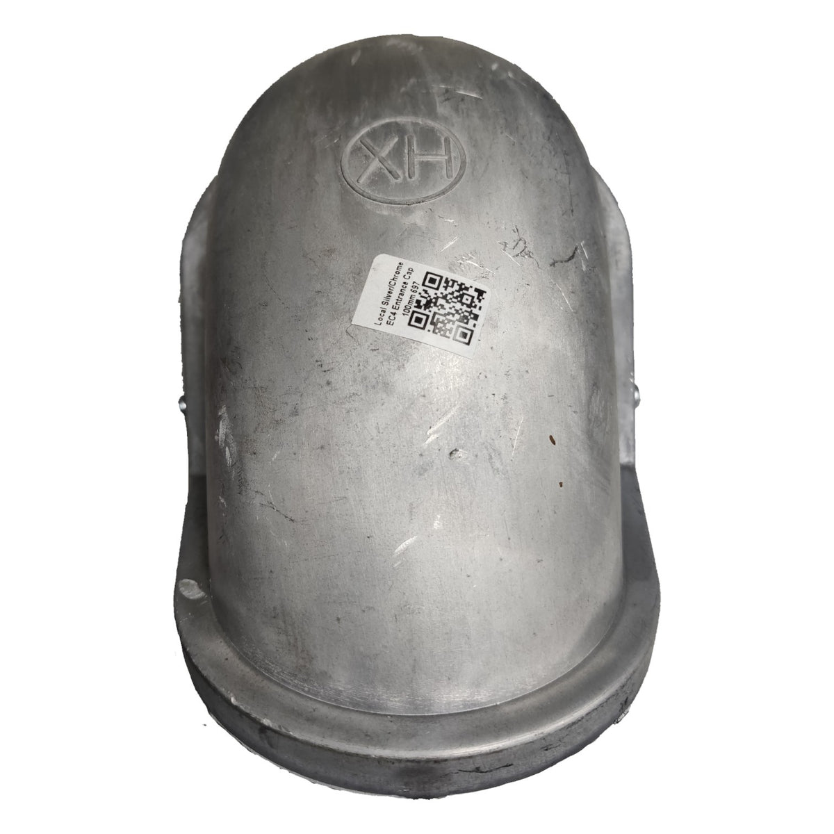 Metallic object with a QR code label on a white background