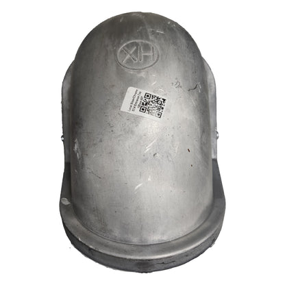 Metallic object with a QR code label on a white background
