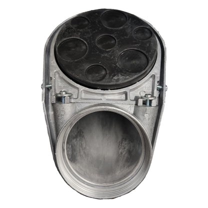 Metallic engine cylinder head with black rubber gasket on a white background