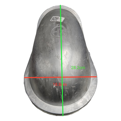 Metallic object with dimensions marked on a white background