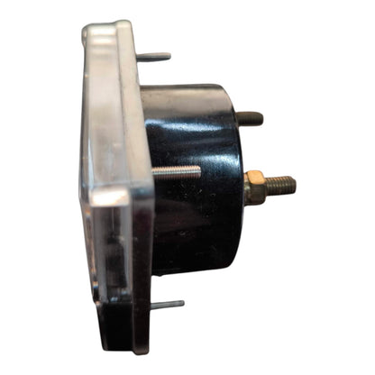 A black cylindrical electrical component with a clear plastic cover, metal terminal posts, and threaded screw posts on a white background.