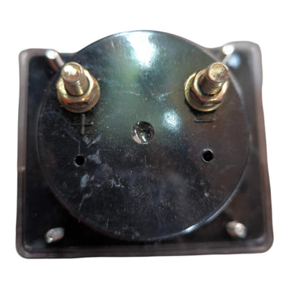 A square black metal electrical component or terminal block with a circular center plate, featuring two brass screw posts with nuts and bolts, on a white background.