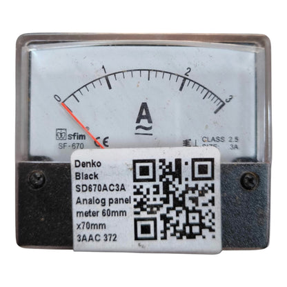 A square analog panel meter with a black frame and a white dial face, featuring a white product label sticker with a QR code and text identifying it as a Denko Black SD6870AC3A Analog panel meter 60mm x70mm 3AAC 372.