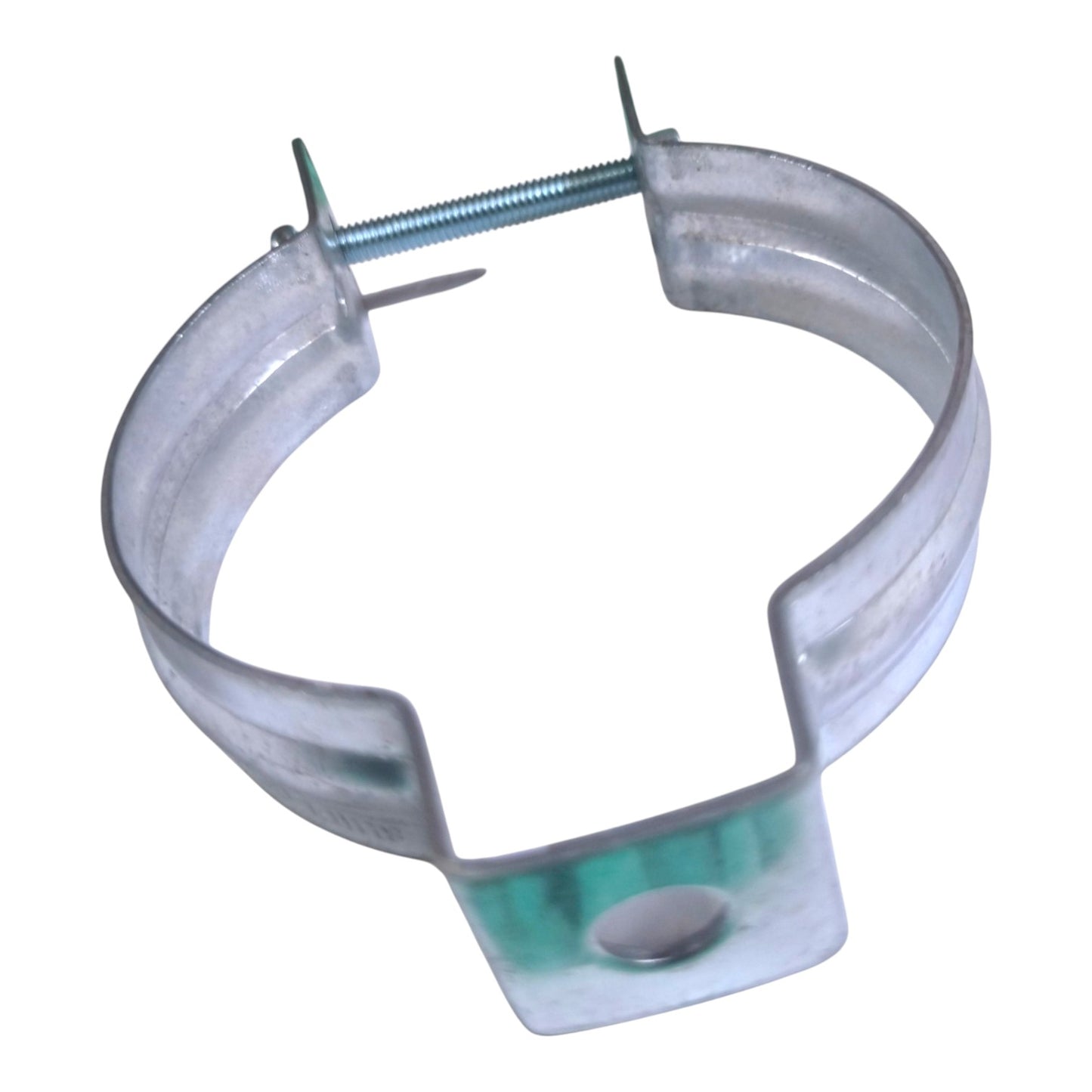 A metal clamp with a curved U-shaped body, a threaded screw mechanism, and a green-tinted circular component at the base, shown on a plain white background.
