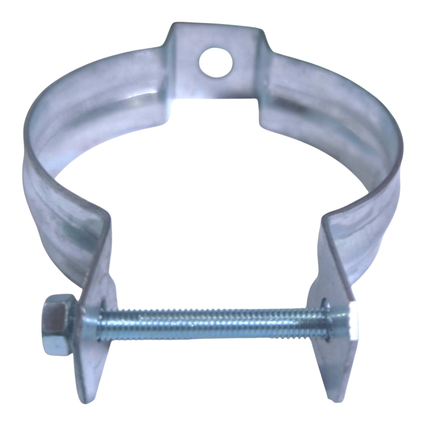 Galvanized metal pipe clamp with a wing nut and threaded bolt, isolated on a white background.