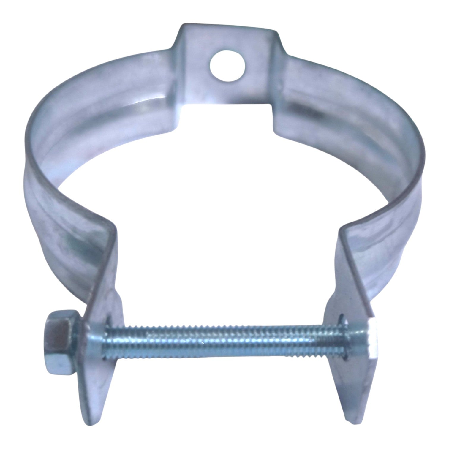 Galvanized metal pipe clamp with a wing nut and threaded bolt, isolated on a white background.