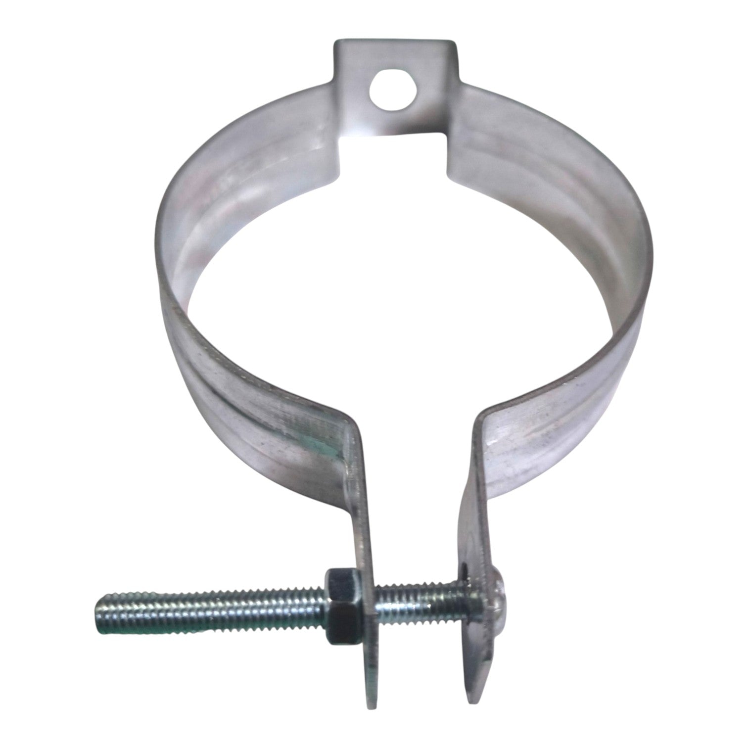 A galvanized steel U-bend clamp with a mounting bracket and a threaded bolt, shown on a plain white background.