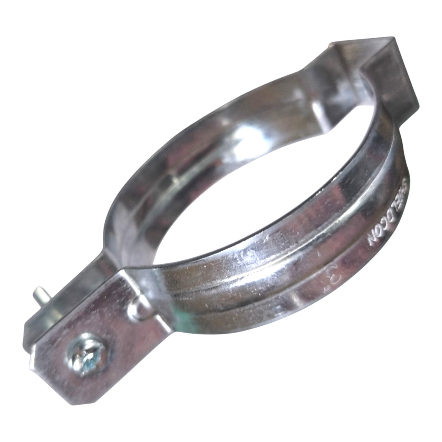 A galvanized steel hose clamp with a flat mounting bracket and a hex screw, shown on a plain white background.