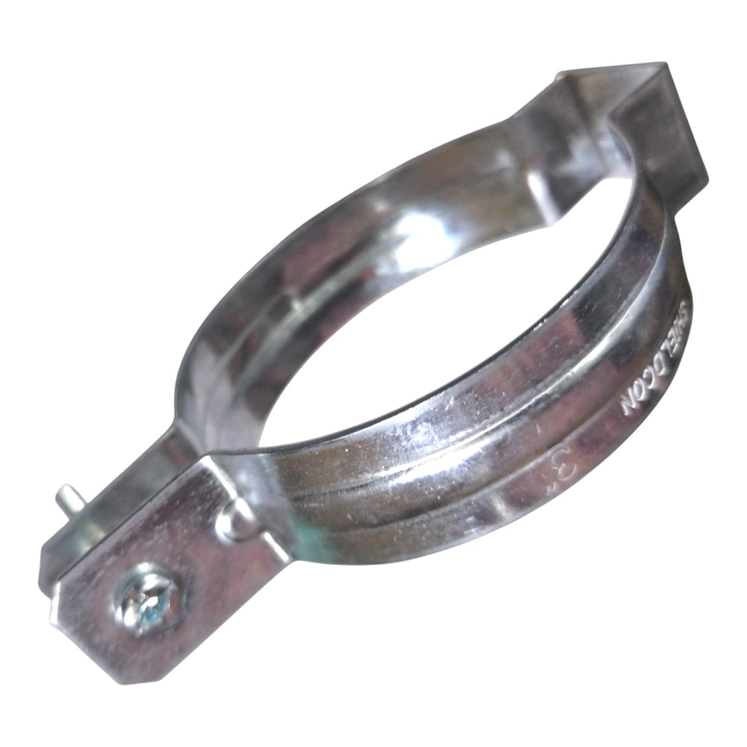 A galvanized steel hose clamp with a flat mounting bracket and a hex screw, shown on a plain white background.