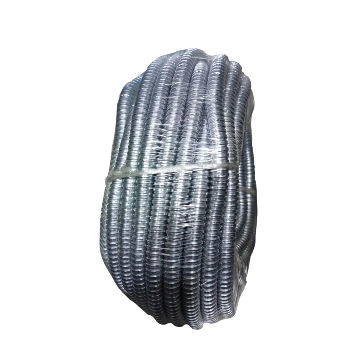 A coiled bundle of galvanized corrugated metal pipe or tubing, secured with a clear plastic wrap band, shown against a plain white background.