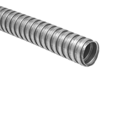 A close-up of a galvanized steel corrugated electrical cable protective conduit tube on a solid white background.