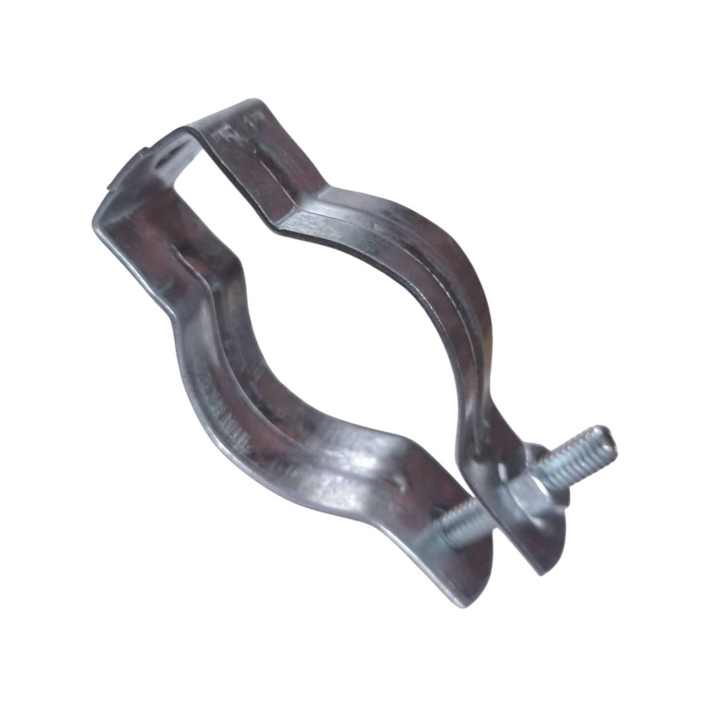 A galvanized steel pipe clamp with a threaded bolt fastener, shown on a plain white background.